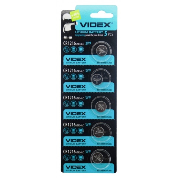 Батарейка, CR1216, літієва, таблетка, 3V, 5шт/уп, Videx